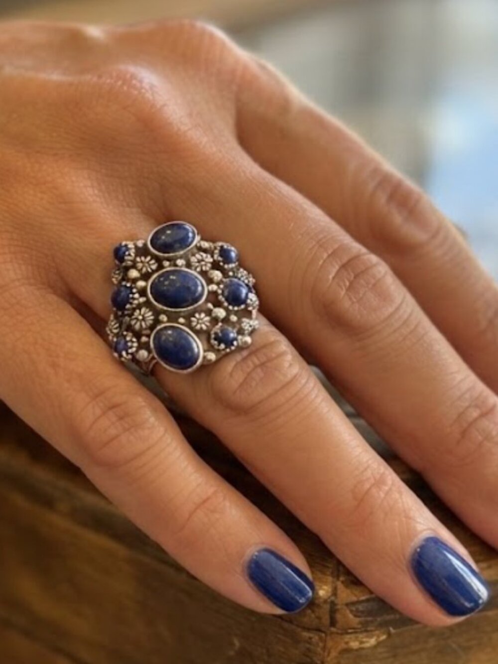 Sterling Silver Lapis 9-Stone Cluster Ring